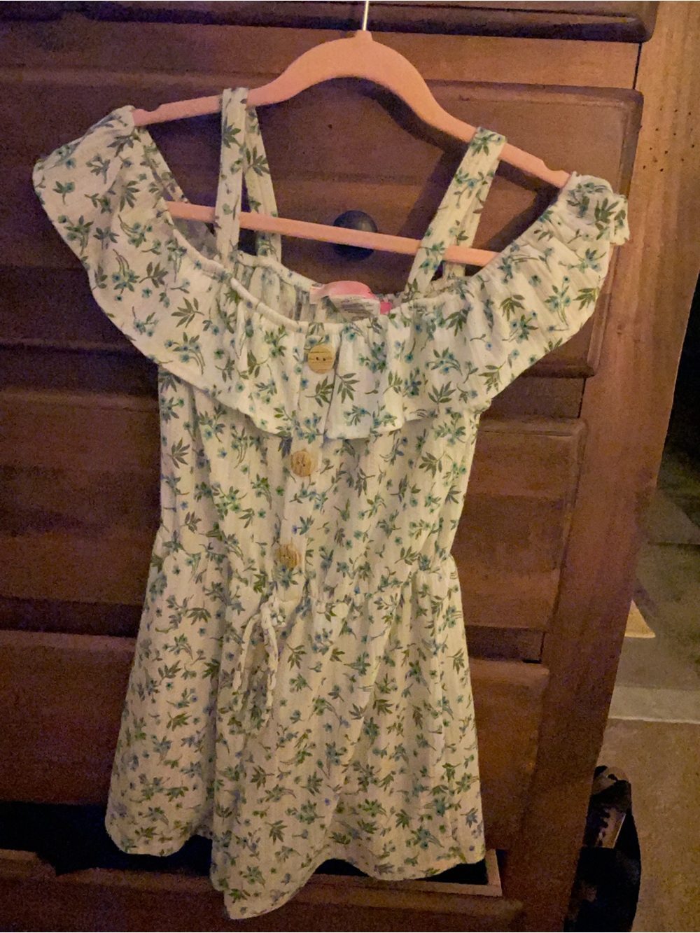 Girls Green Floral Off-Shoulder Romper with Ruffle Trim